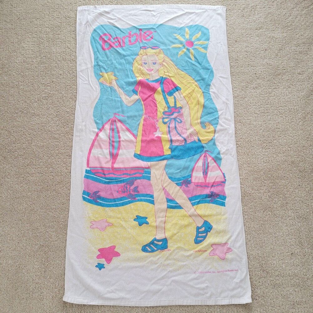 Vintage Y2K Mattel Barbie Beach Bath Towel Summer 2000 Boat Fish 90s Retro 28x52
